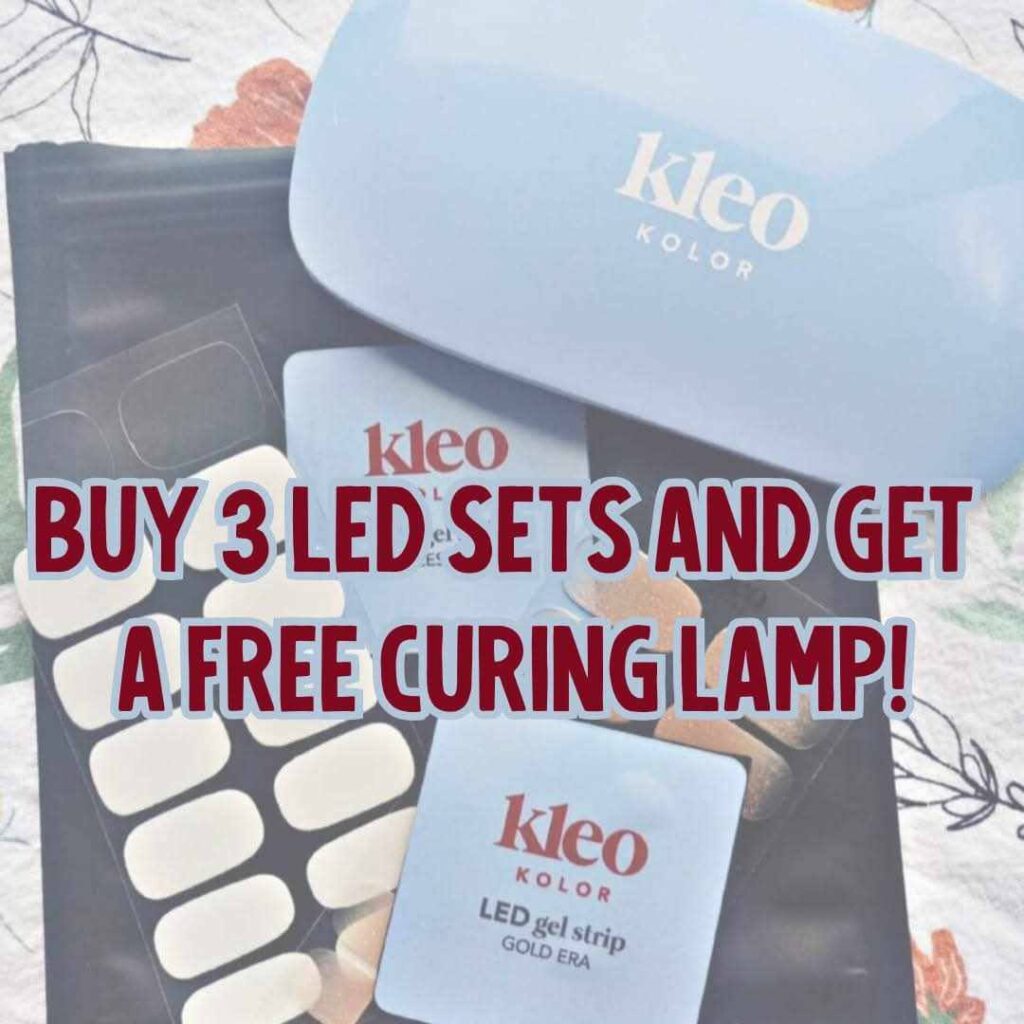 May be an image of text that says 'kleo KOLOR KOLOR kleo BUY 3 LED 1 SETS AND GET FREE CURINGLA NGLAMP kleo KOLOR LED gel LEDgelstrip ERA strip GOLD'