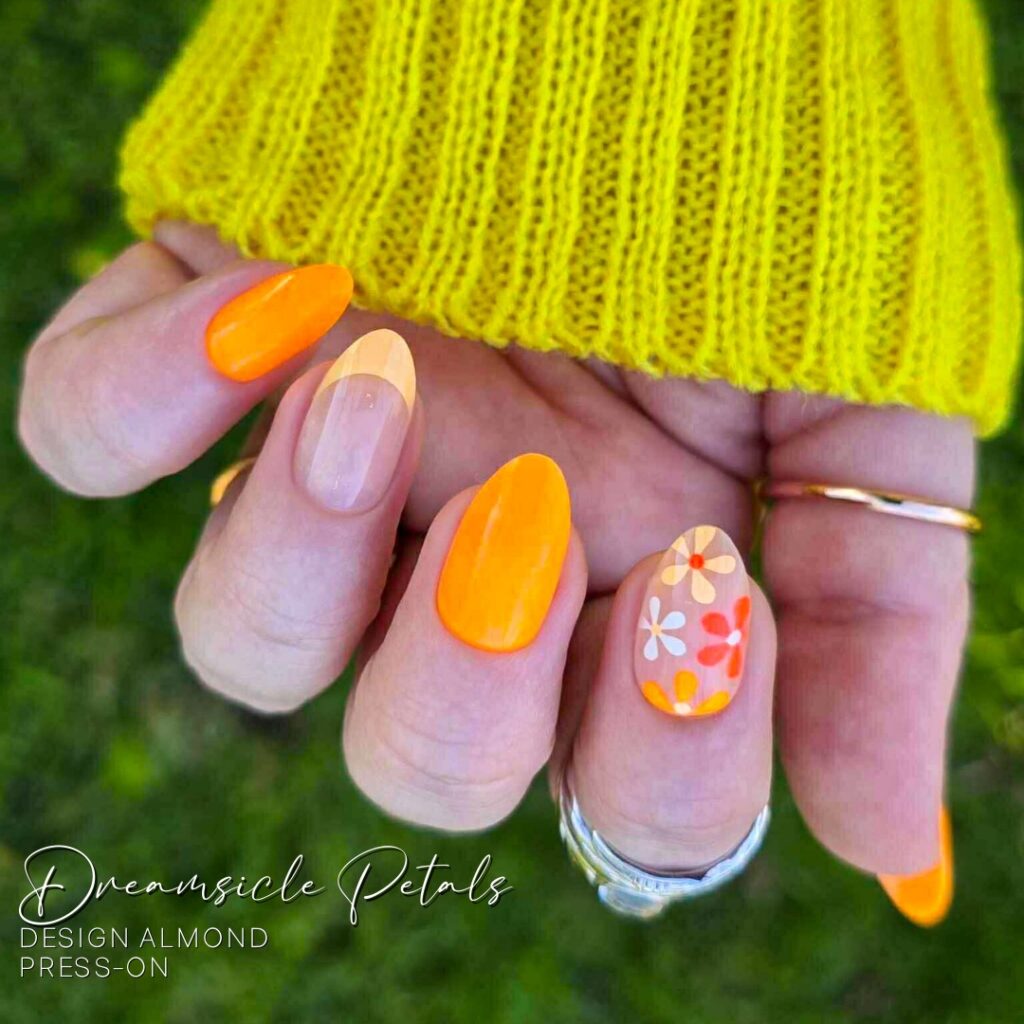 May be an image of text that says 'Dreamsicle Drean Petals DESIGNALMOND ALMOND M DESIGN PRESS-ON'