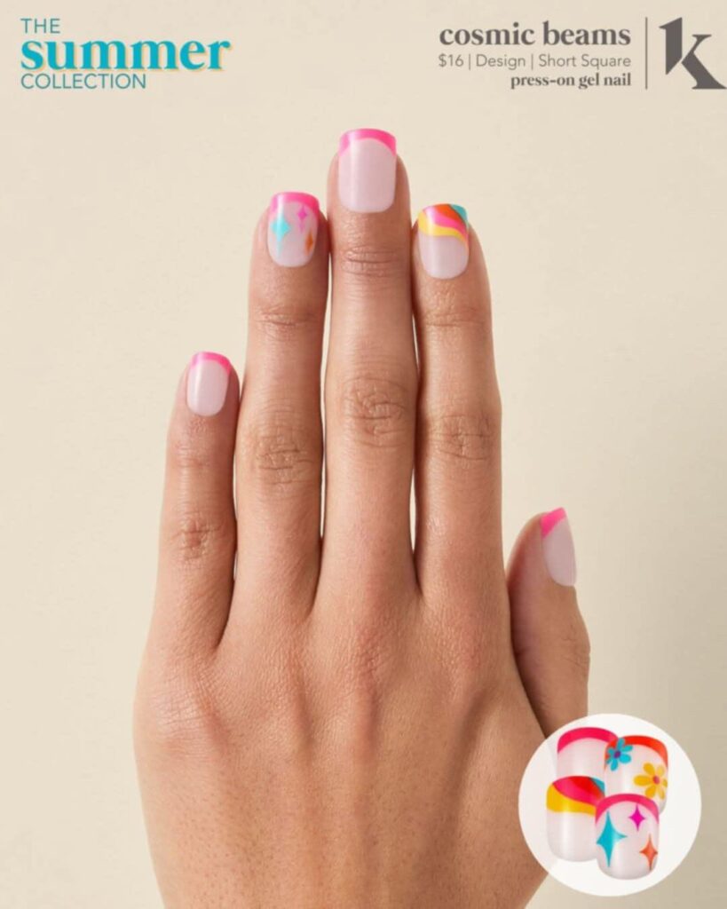 May be an image of text that says 'THE summer COLLECTION cosmic beams |K $16 $16|Design Design Short Square press-on gel nail'