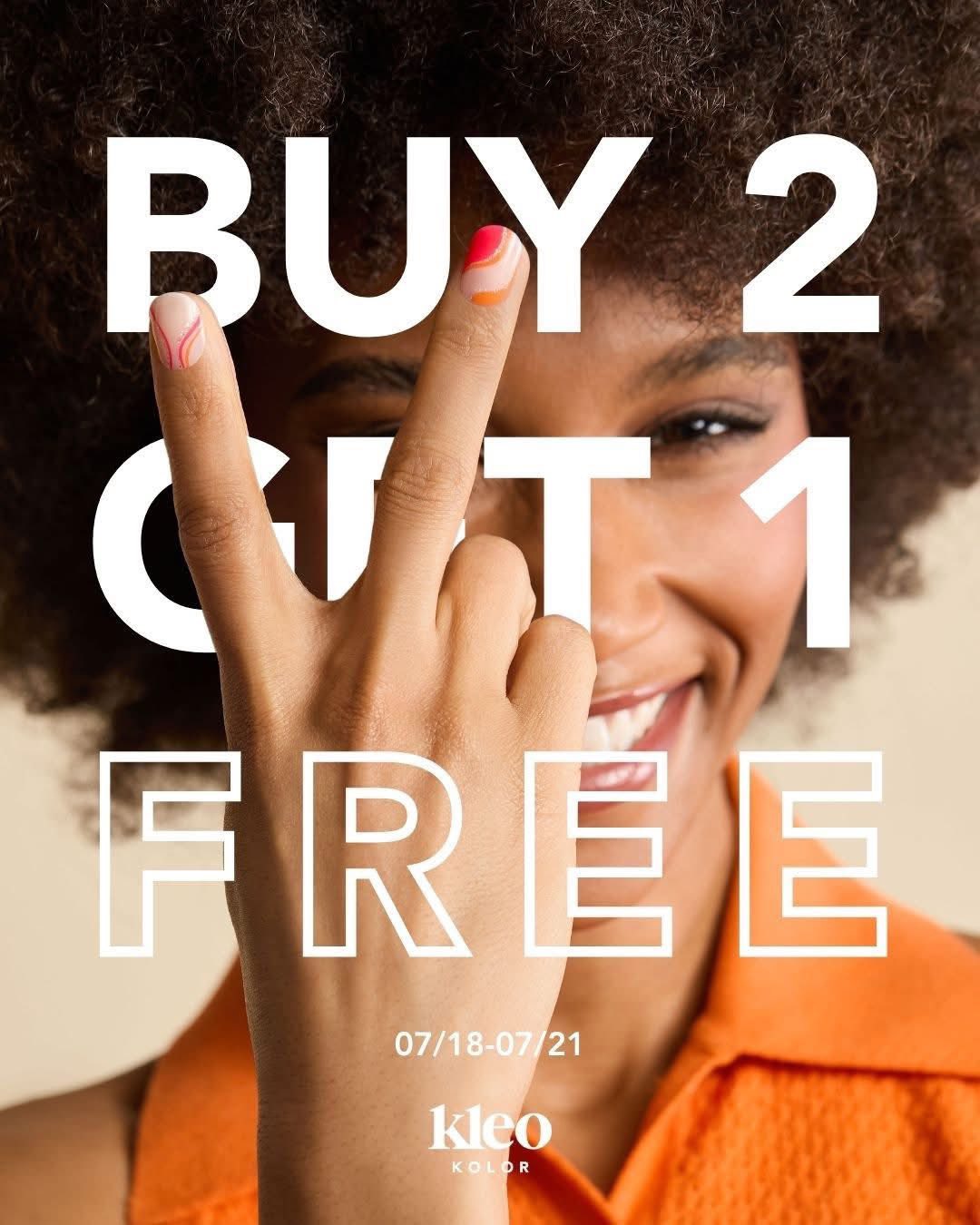 Well THIS is a fun little Friday surprise 😍
Kleo Kolor is doing a Buy 2, Get 1 Free sale through this weekend only!

✨ Buy any 2 LED Gel Strips or Press-On Nails
✨ Pick one FREE mani from a select list (while supplies last!)
✨ Stack it with free shipping on $60+

This is perfect for my mani lovers who already adore Kleo or if you’ve been wanting to try them for the first time 👏🏽

The freebie list is GOOD too:
• Press-Ons: Vibe Check, Mod Noir, Citrus Glimmer
• LEDs: Starstruck, Swimming Pool, Hula Pink

📆 Only good through July 21, so don’t wait!
I’m happy to help you pick your shades! 💕💅🏽

kleokolor.com/katie